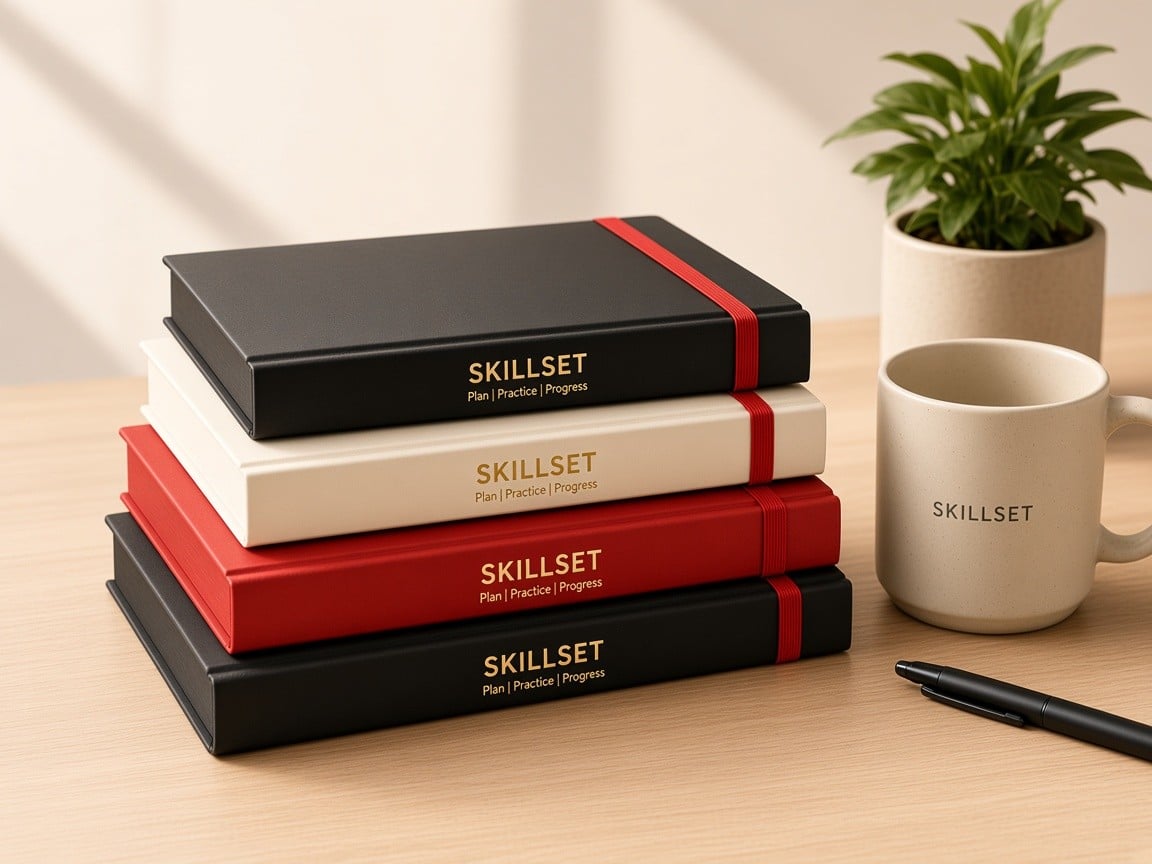 Stack of SKILLSET planners and a mug