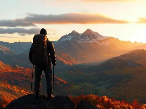 Hiker looking at the mountains at sunrise