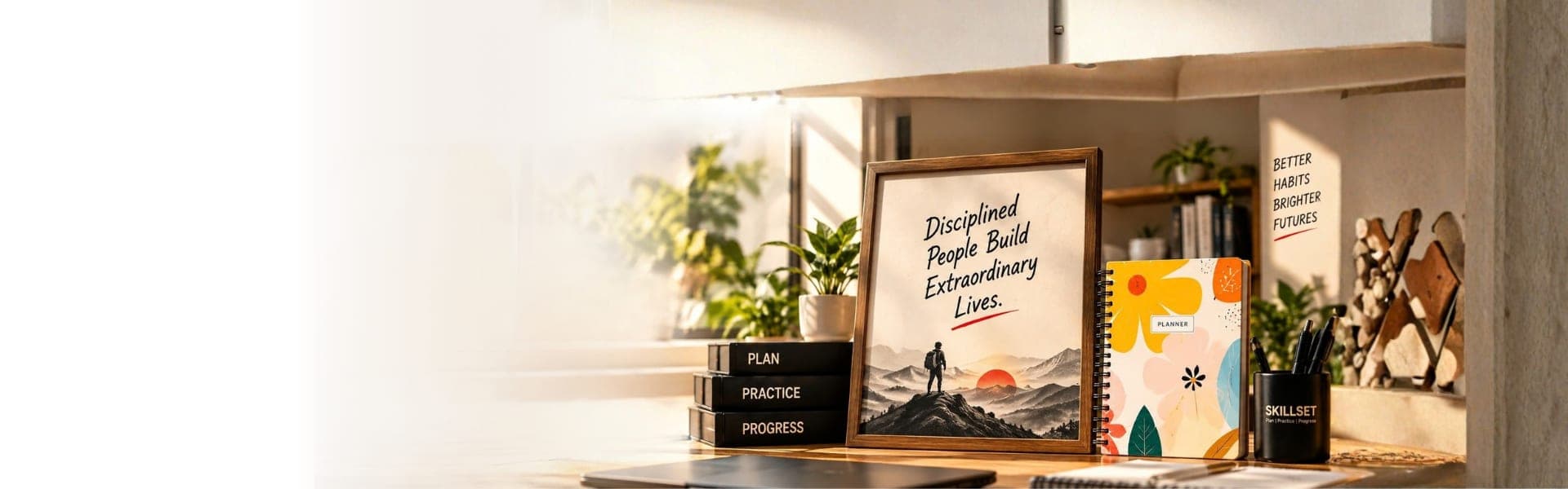 SKILLSET planner, pen and framed quote on a desk
